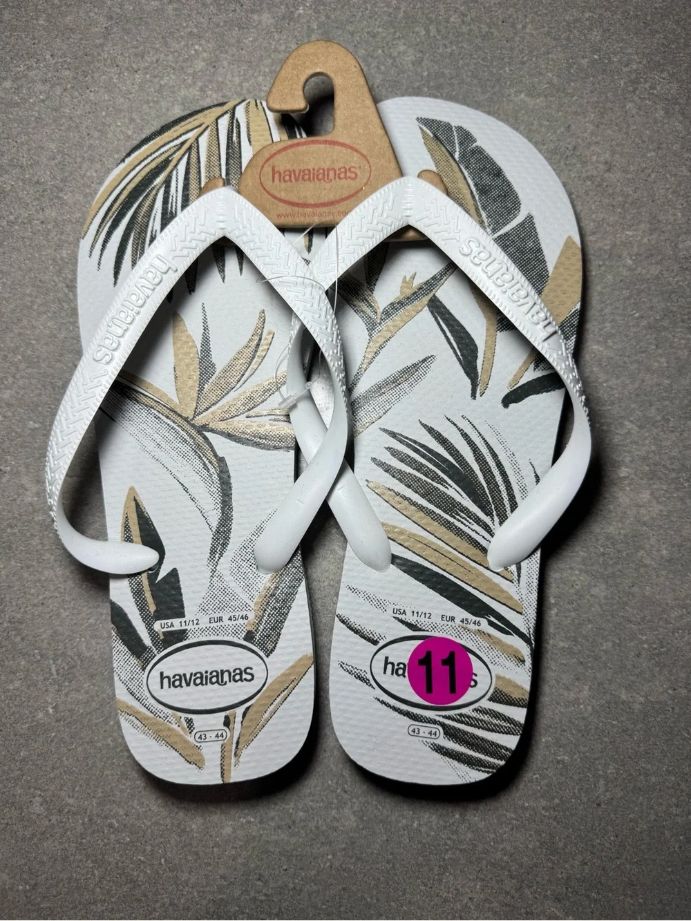 Havaianas White Flip Flops with Tan & Gray Leaf Print